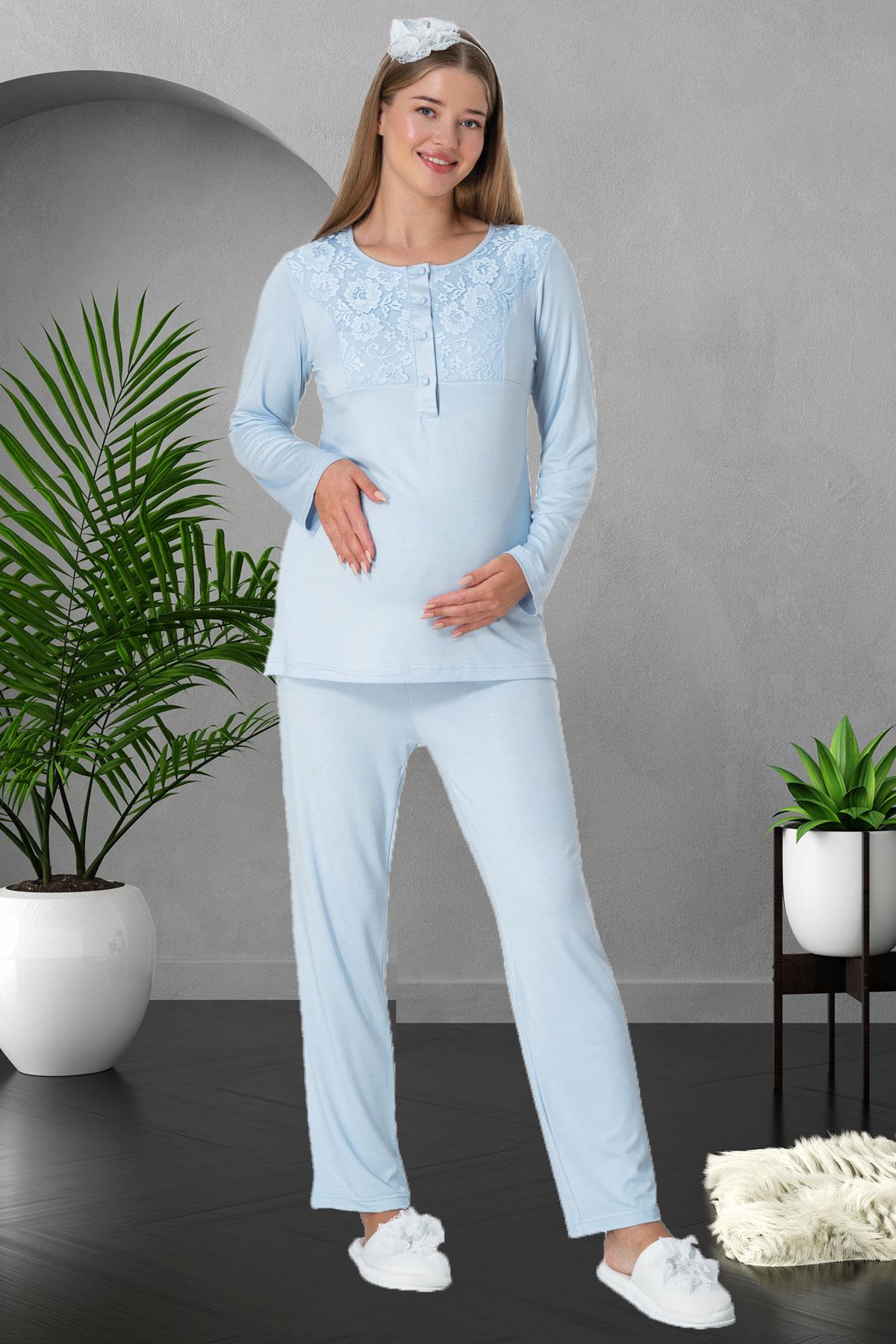 Lace 3-Pieces Maternity & Nursing Pajamas With Lez Lacy Robe Blue - 5912