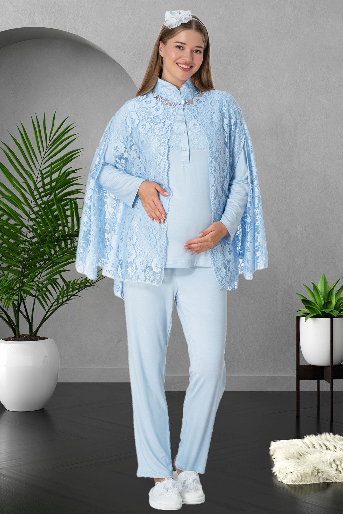 Lace 3-Pieces Maternity & Nursing Pajamas With Lez Lacy Robe Blue - 5912