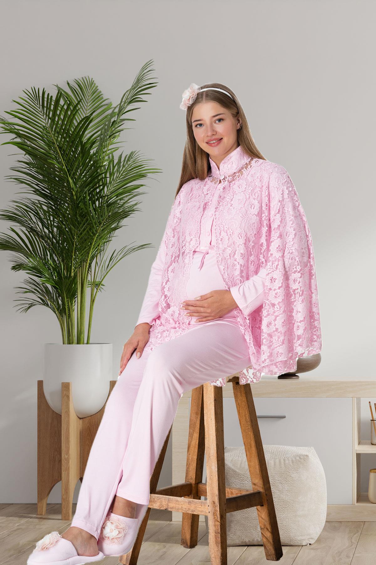 Lace 3-Pieces Maternity & Nursing Pajamas With Lez Lacy Robe Pink - 5912
