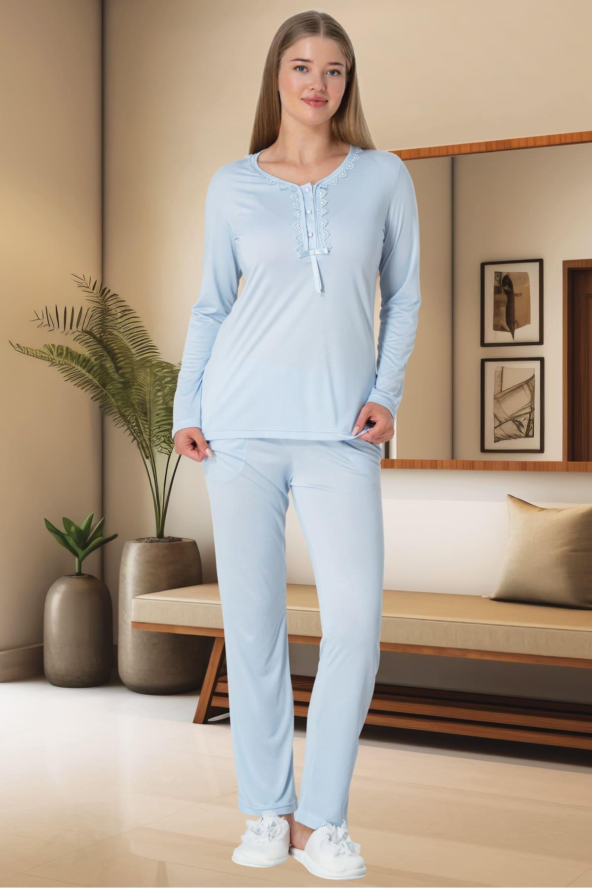 Lace Collar Plus Size Maternity & Nursing Pajamas Blue - 5919