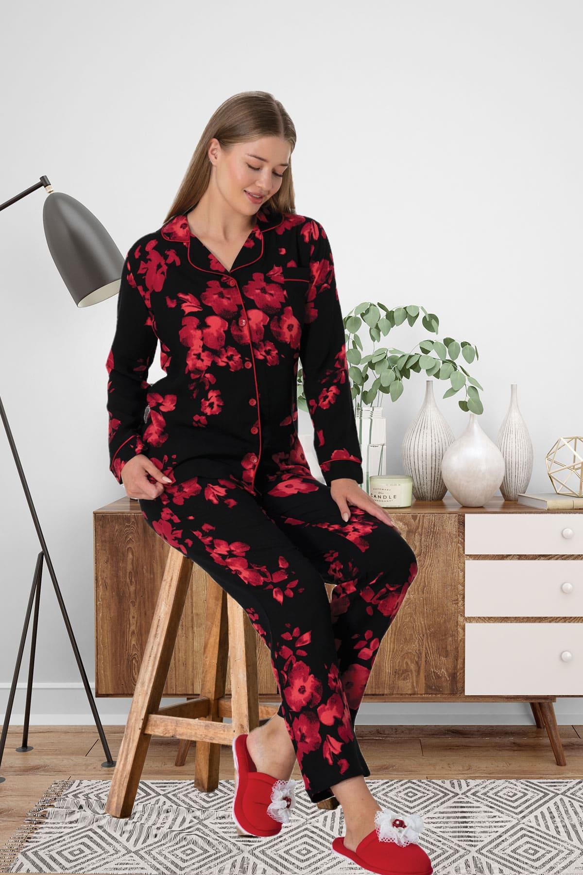 Flower Patterned Maternity & Nursing Pajamas Black - 5922