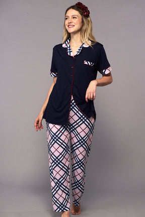 Patterned Maternity & Nursing Pajamas Navy Blue - 6320