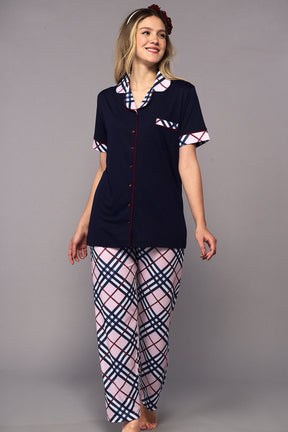 Patterned Maternity & Nursing Pajamas Navy Blue - 6320