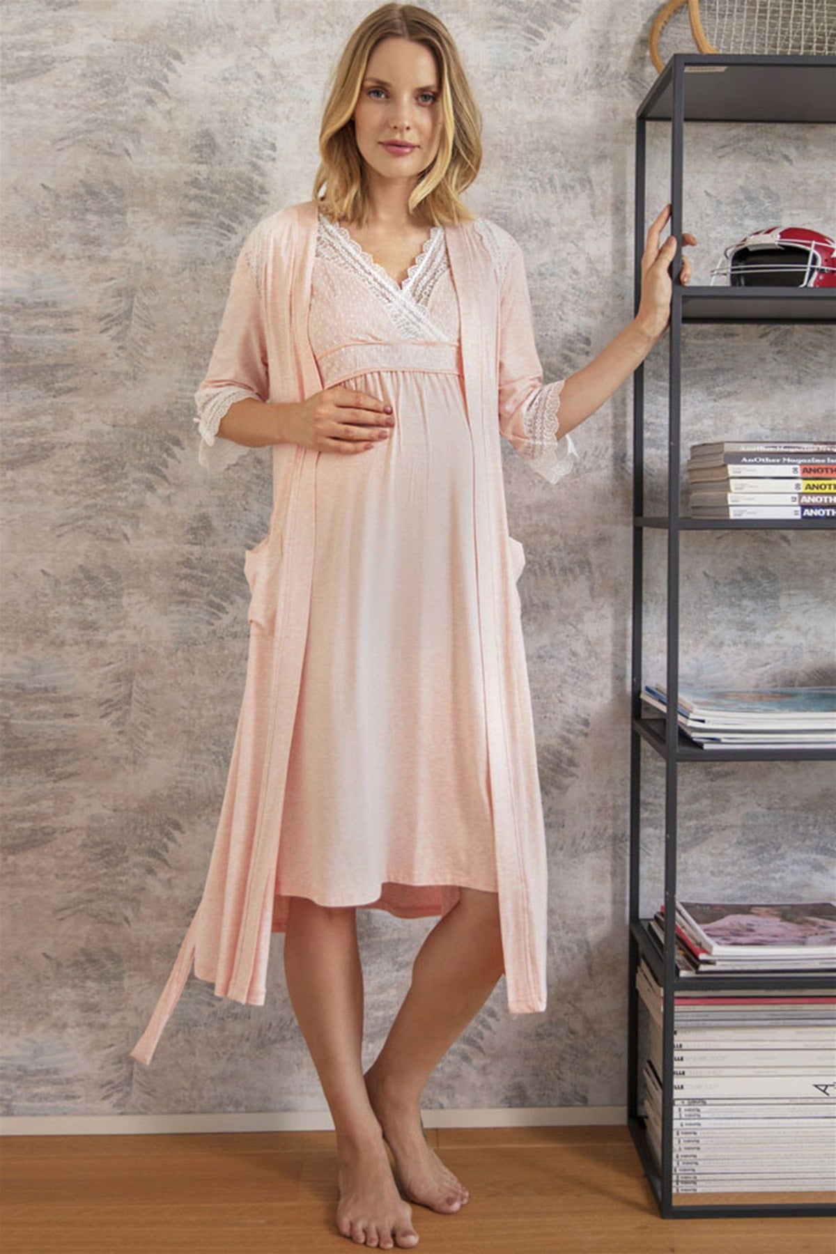 Lace Collar Double Breasted Maternity & Nursing Nightgown With Robe Pink - 5508