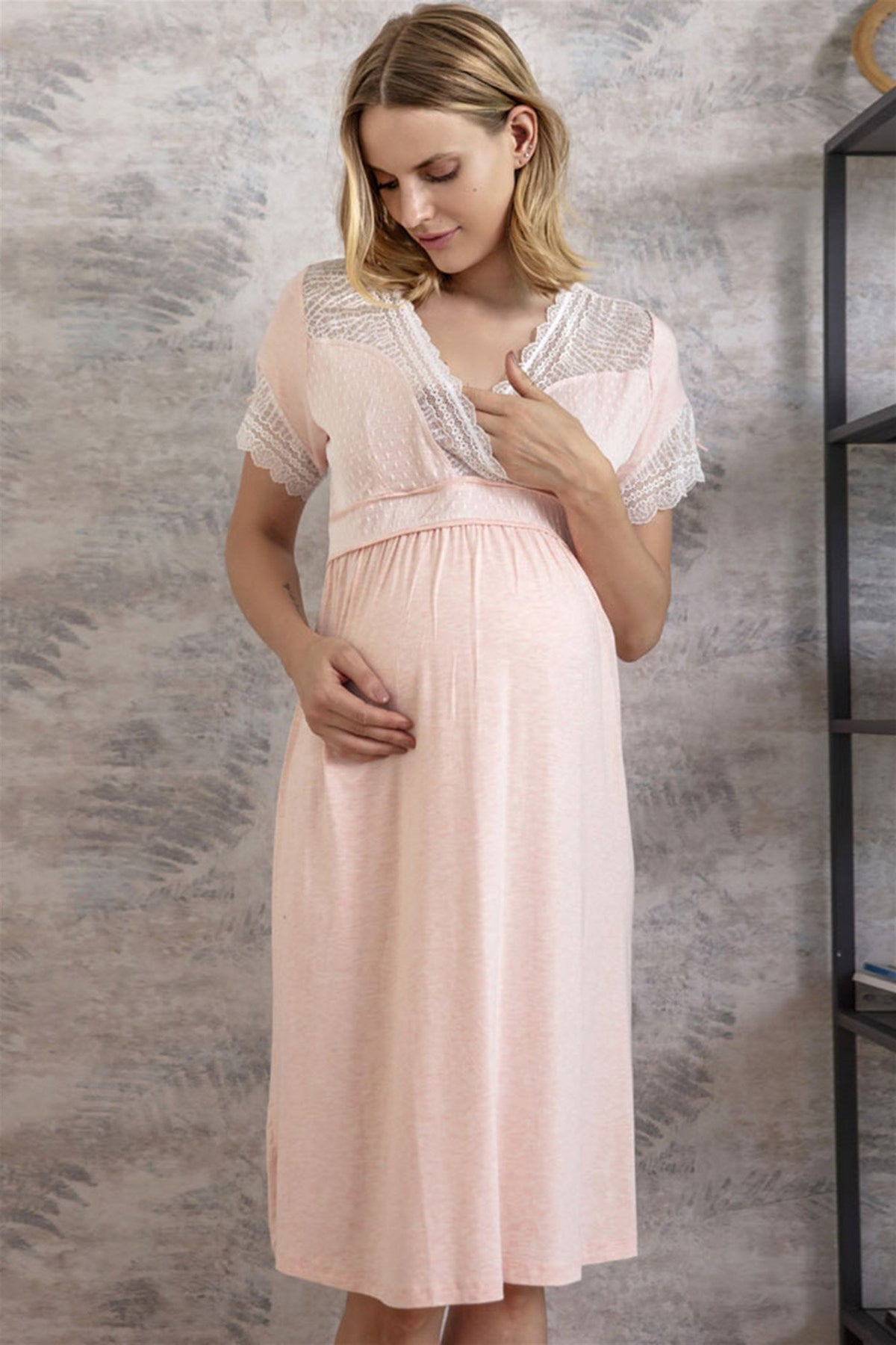 Lace Collar Double Breasted Maternity & Nursing Nightgown With Robe Pink - 5508