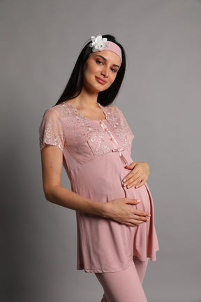 Guipure 3-Pieces Maternity & Nursing Pajamas With Robe Dried Rose - 5206