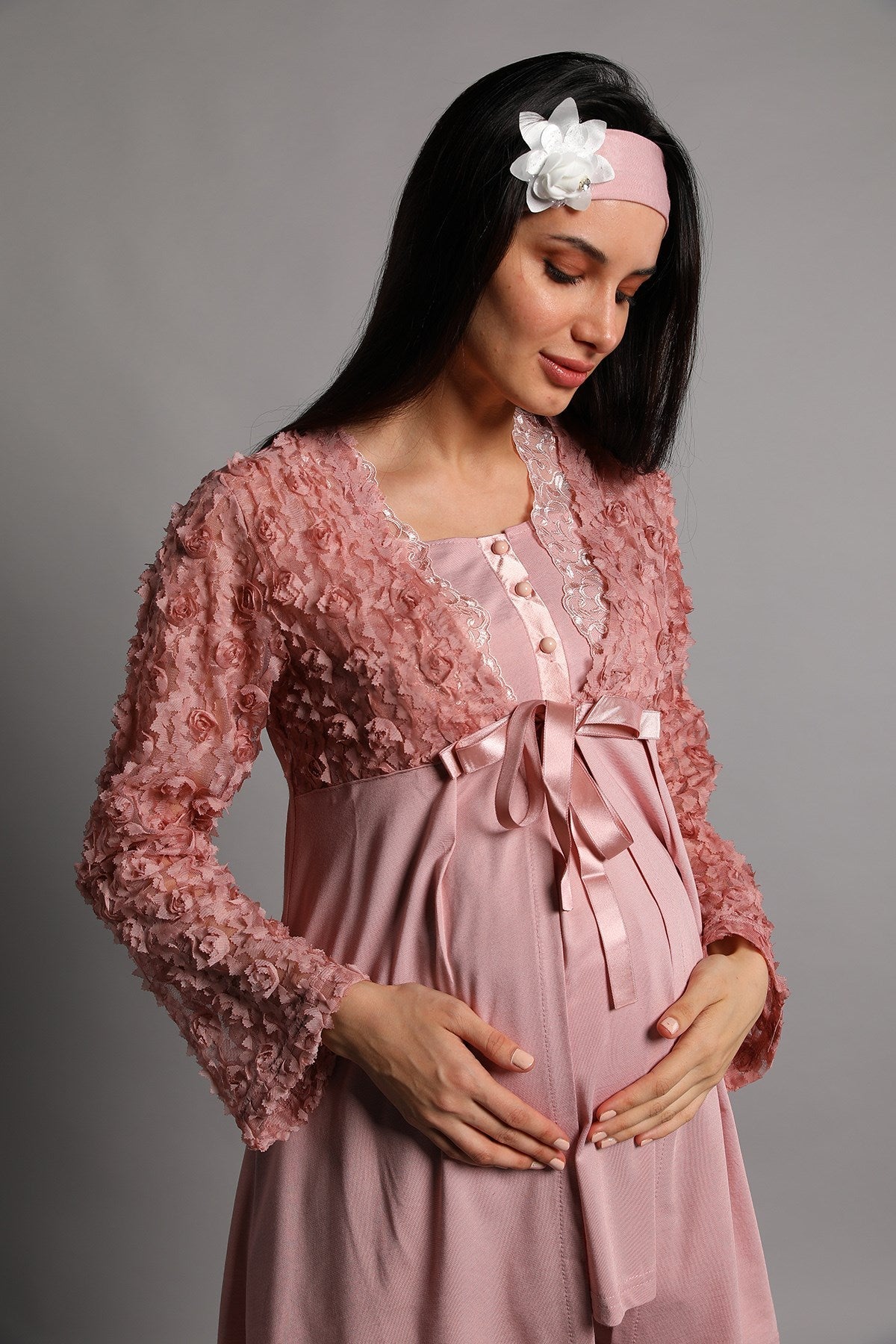 Guipure 3-Pieces Maternity & Nursing Pajamas With Robe Dried Rose - 5206