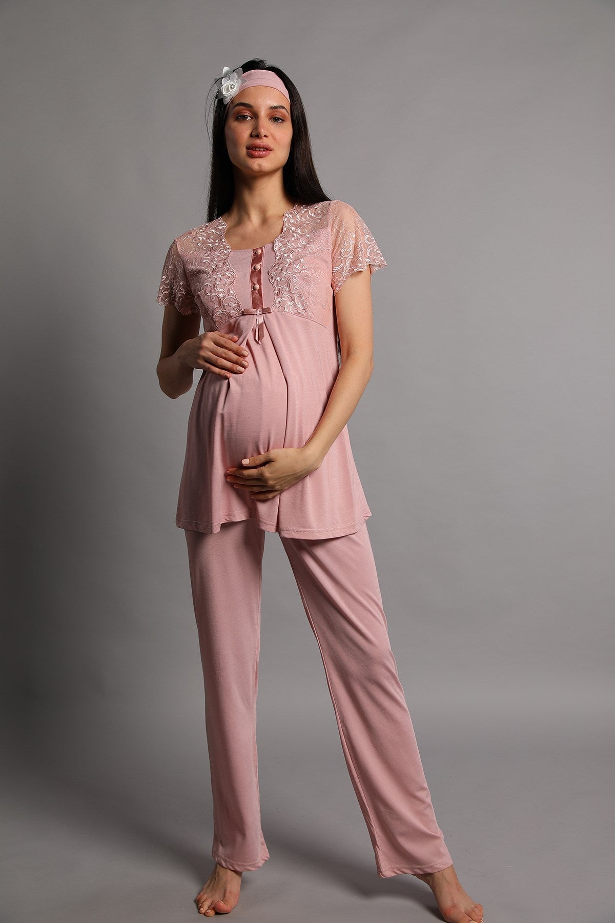 Guipure 3-Pieces Maternity & Nursing Pajamas With Robe Dried Rose - 5206