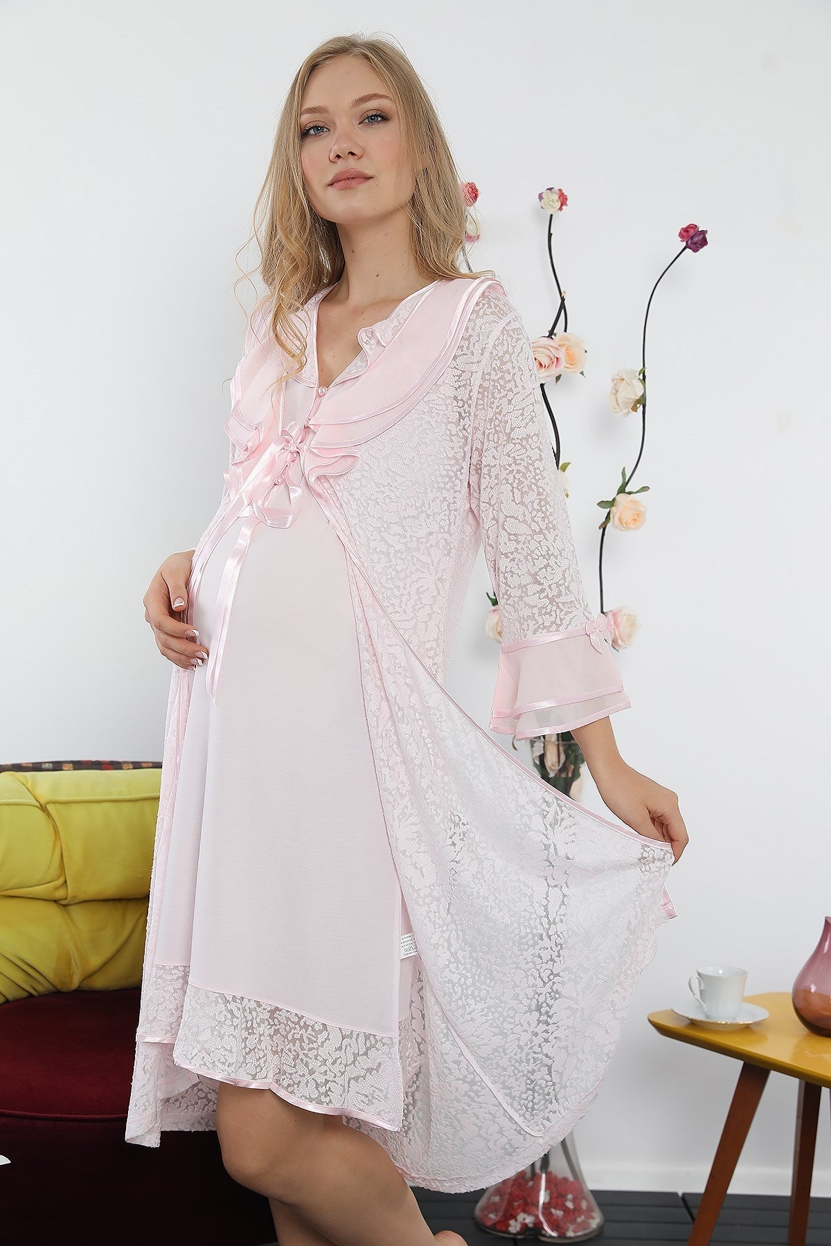 Maternity & Nursing Nightgown With Robe Powder - 2442