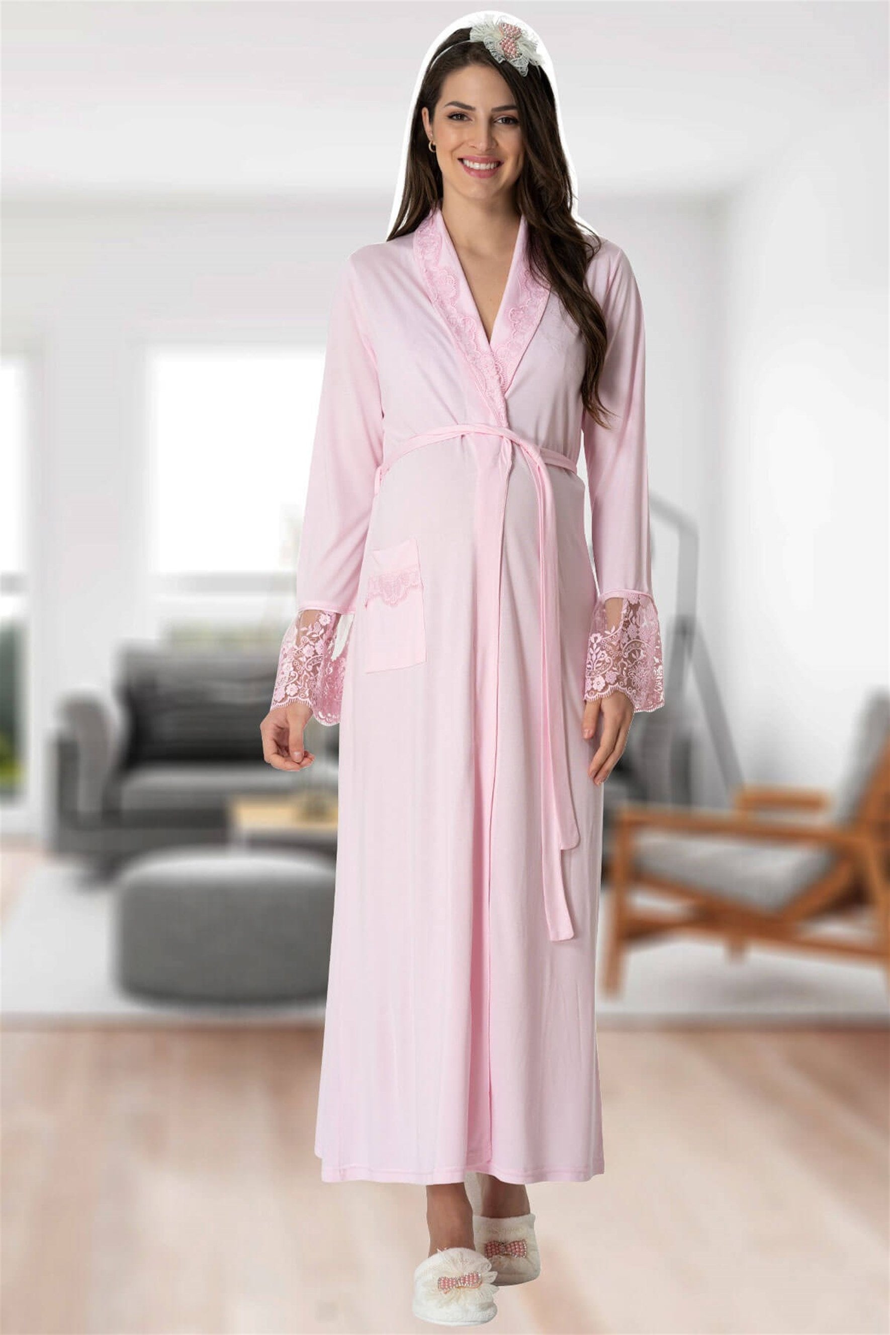 Elegant Lace Maternity Robe Pink - 5413