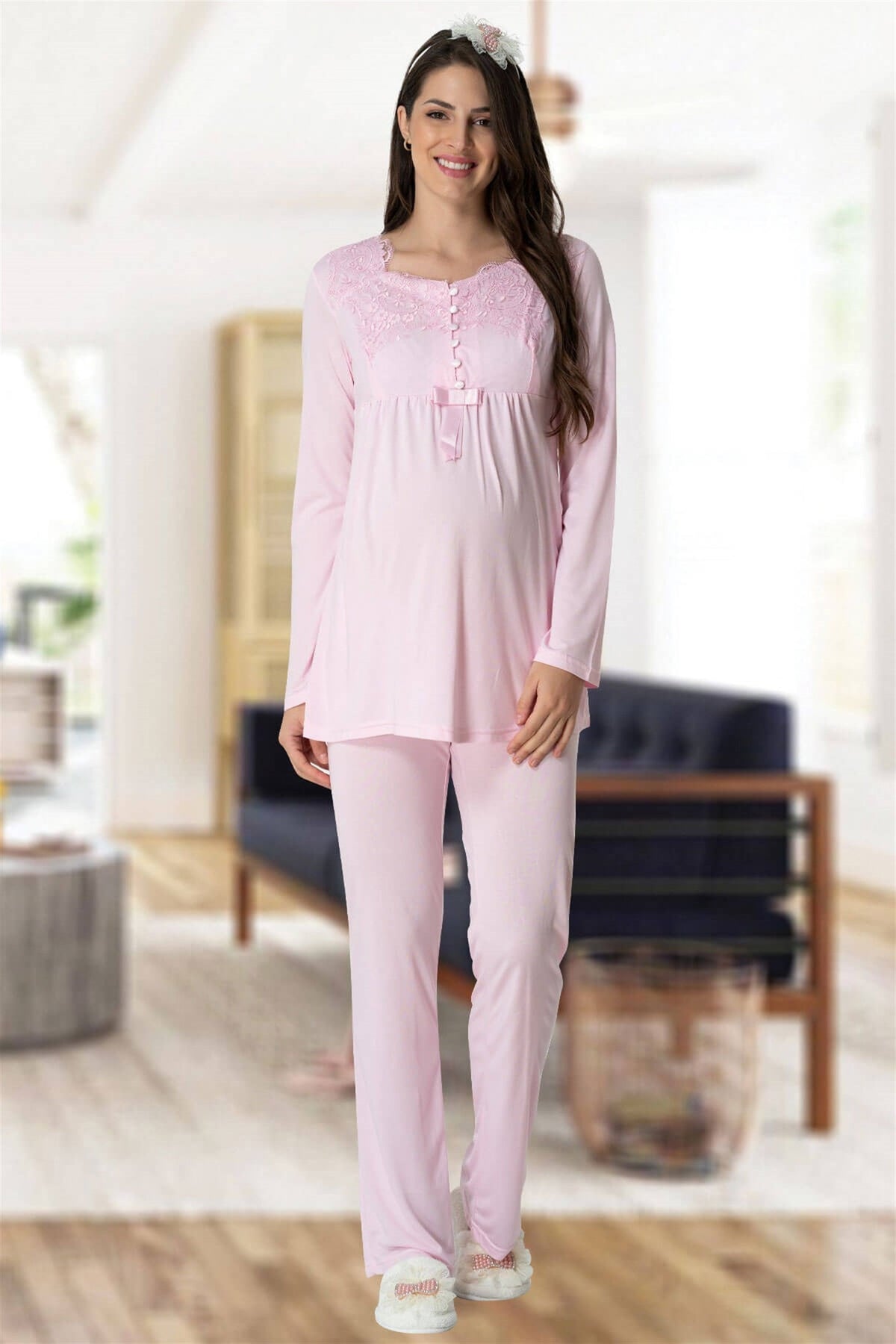 Elegant Lace Maternity & Nursing Pajamas Pink - 5414