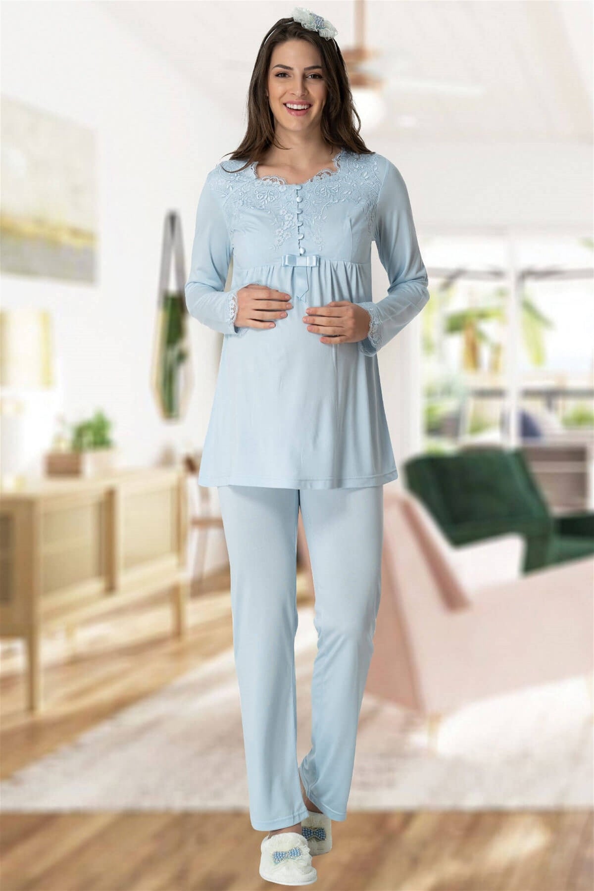 Elegant Lace Maternity & Nursing Pajamas Blue - 5414