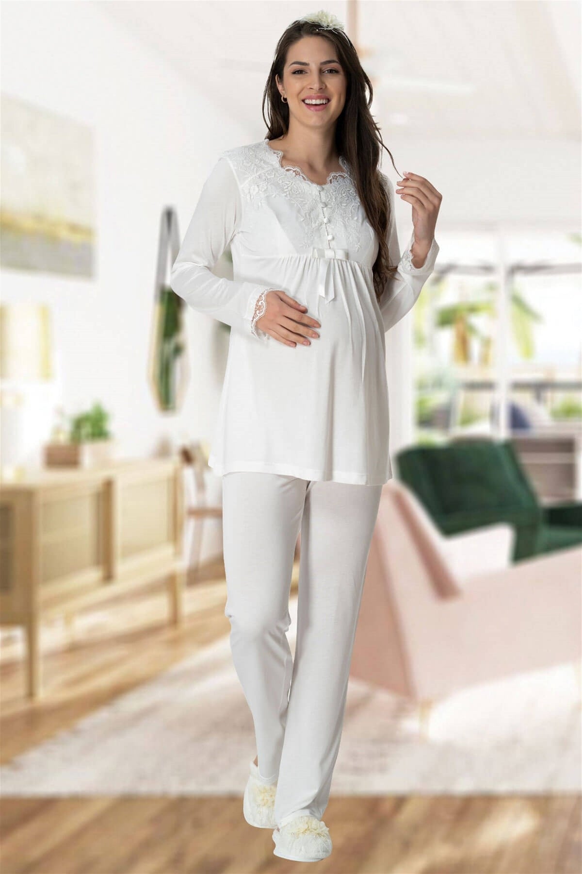 Elegant Lace Maternity & Nursing Pajamas Ecru - 5414