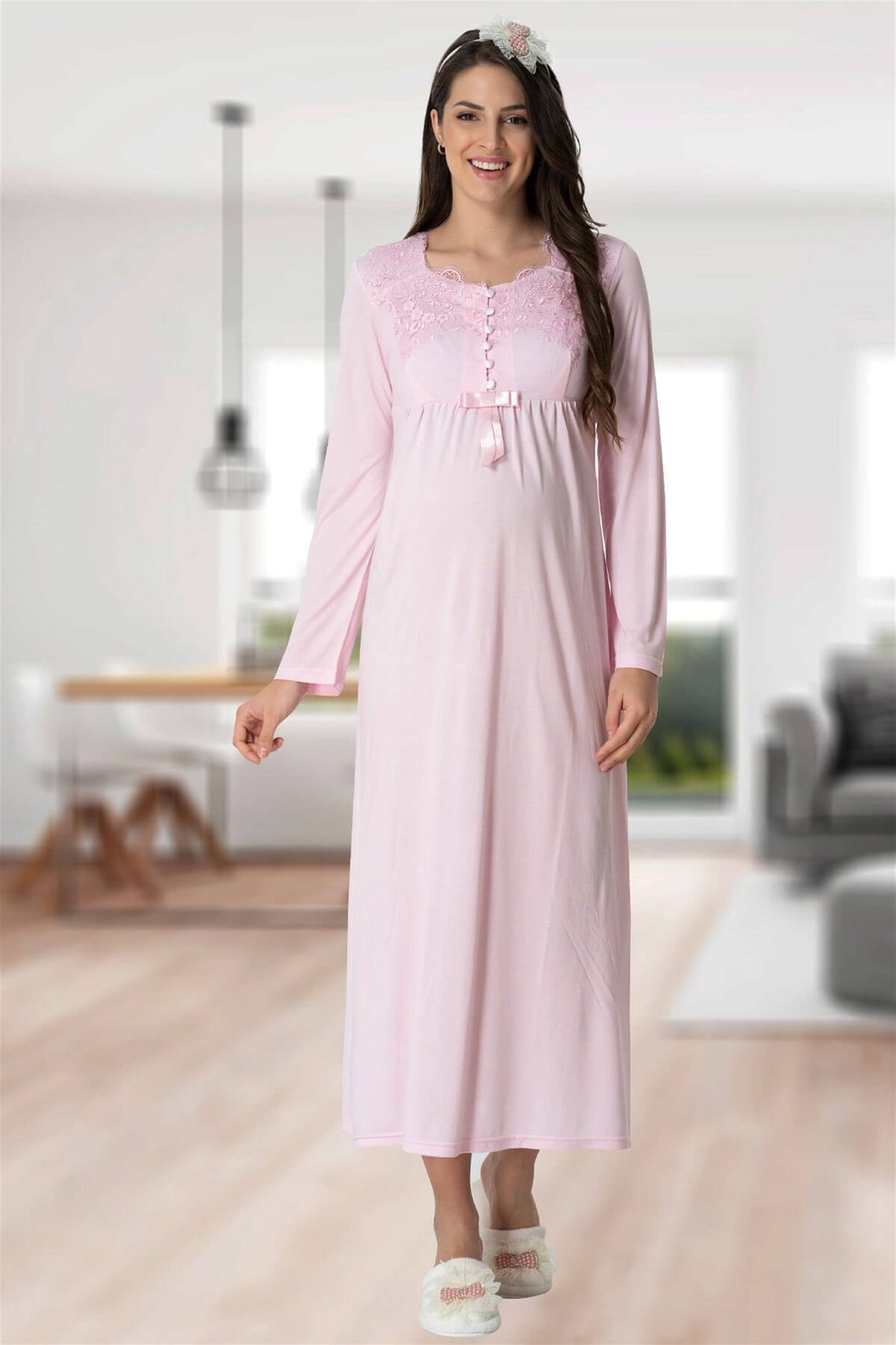 Elegant Lace Maternity & Nursing Nightgown Pink - 5415