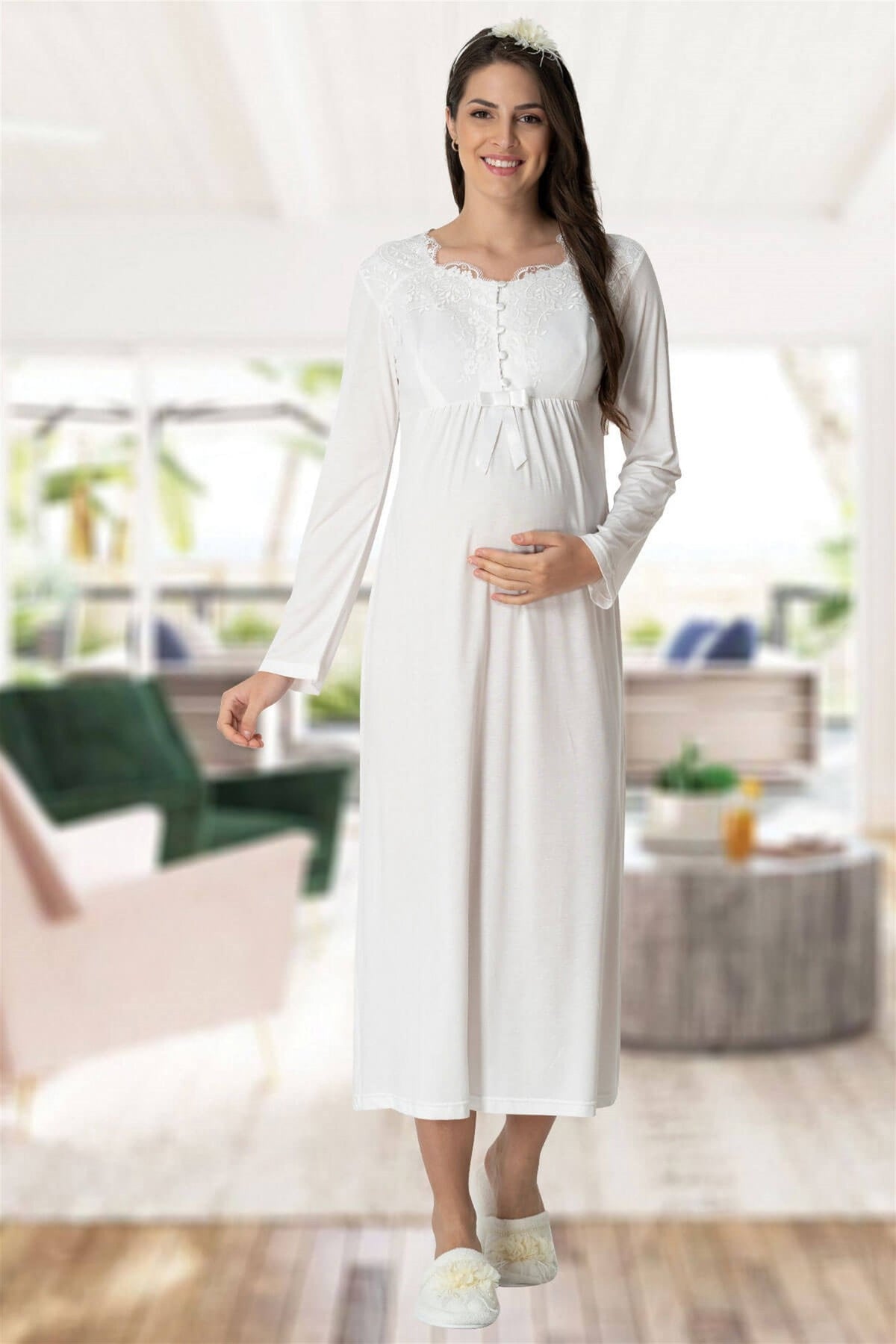 Elegant Lace Maternity & Nursing Nightgown Ecru - 5415
