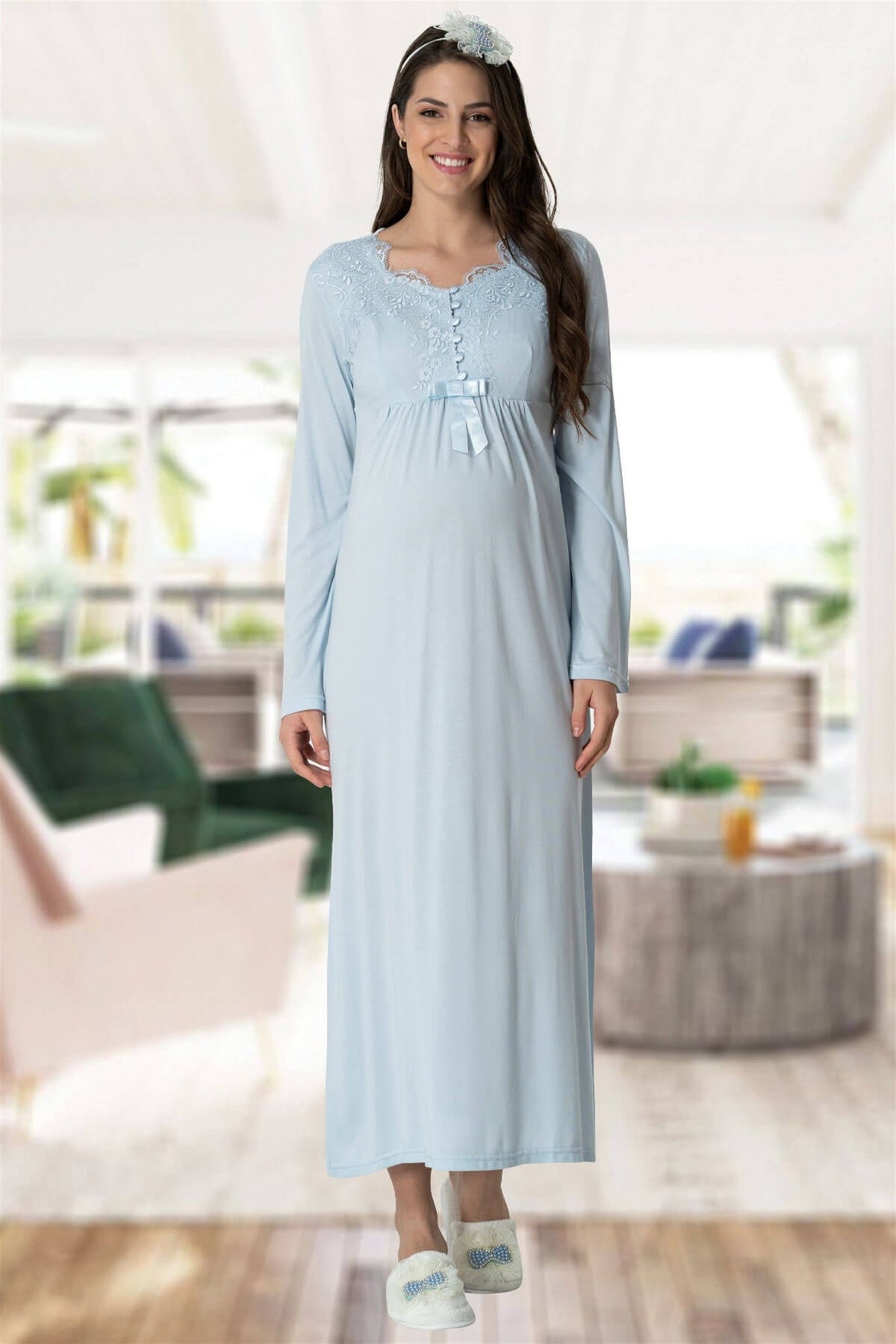 Elegant Lace Maternity & Nursing Nightgown Blue - 5415