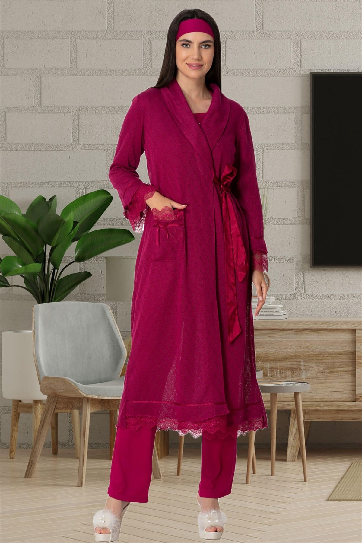 Guipure 3-Pieces Maternity & Nursing Pajamas With Knitwear Robe Fuchsia - 5569