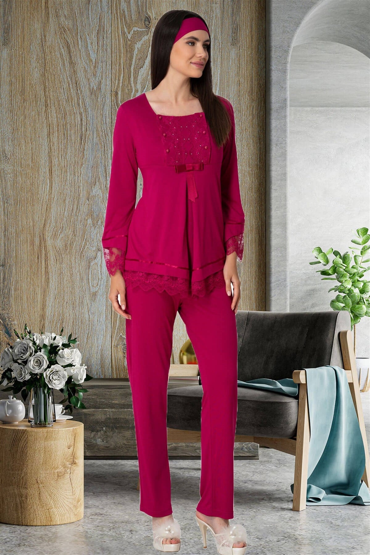 Guipure 3-Pieces Maternity & Nursing Pajamas With Knitwear Robe Fuchsia - 5569